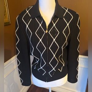 St. John Knit Marie GrayWlZip Cardigan Size Petite Black/White Diamond Pattern